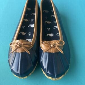 London Fog Women’s Webster Duck Rain Shoes Blue Brown Slip On Bow Size 6 M EUC